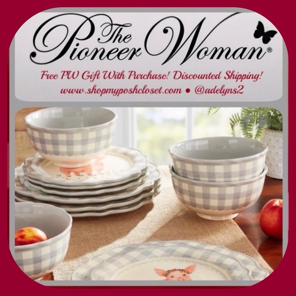 Host Pick! 🌺 New Pioneer Woman "Pig" Gray Gingham 12-Piece Dinnerware Set - Picture 4 of 5
